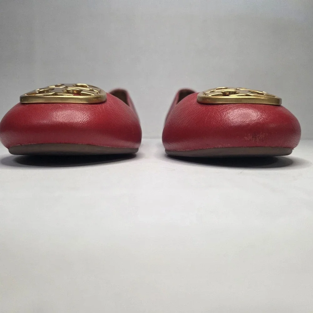 Tory Burch Reva Red Pebbled Leather Ballet Flats Gold Logo Medallion Women's US